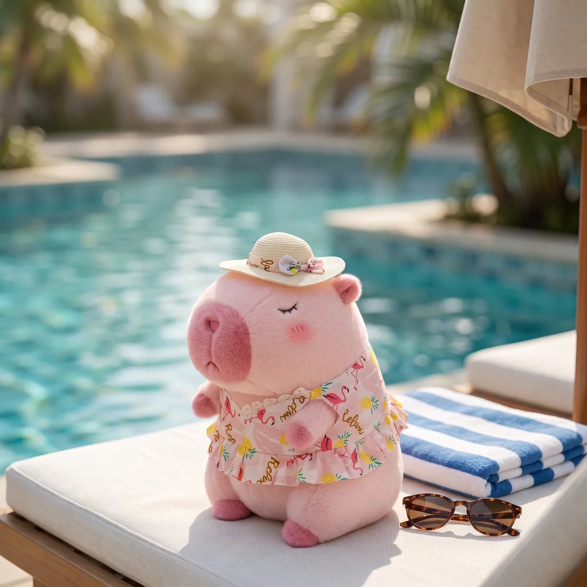 Pink capybara plush in a sun hat sitting on a poolside lounger next to a striped towel and sunglasses
