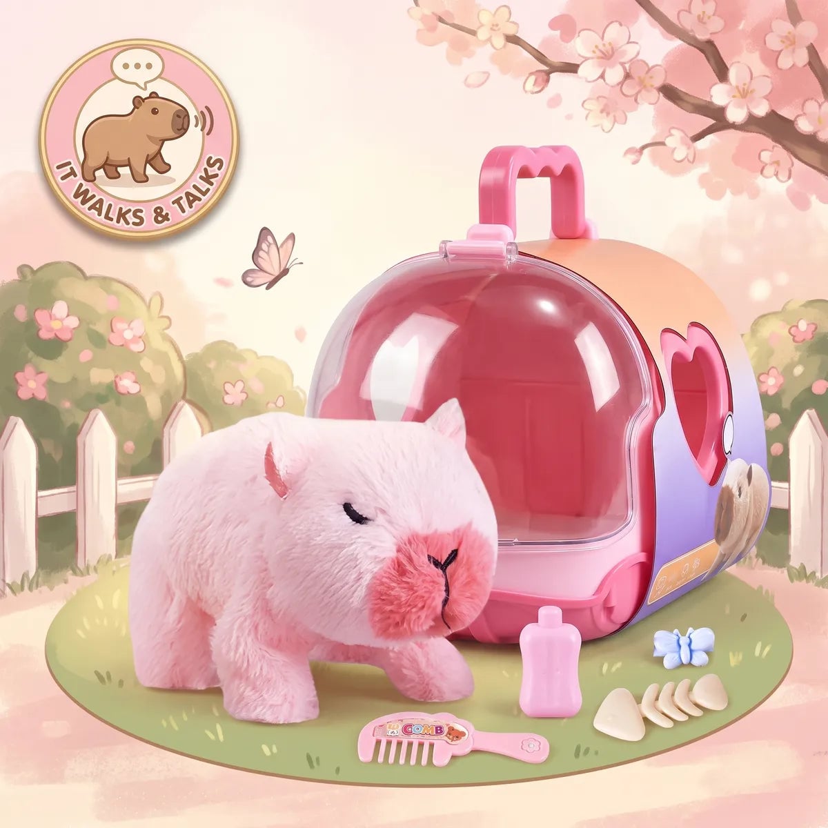Illustrated cherry blossom scene of the pink walking capybara toy beside its pink and orange carry case, with an IT WALKS AND TALKS badge printed in the corner