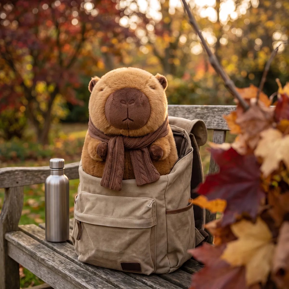 Scarf capybara plush sitting in a canvas backpack on a park bench in autumn