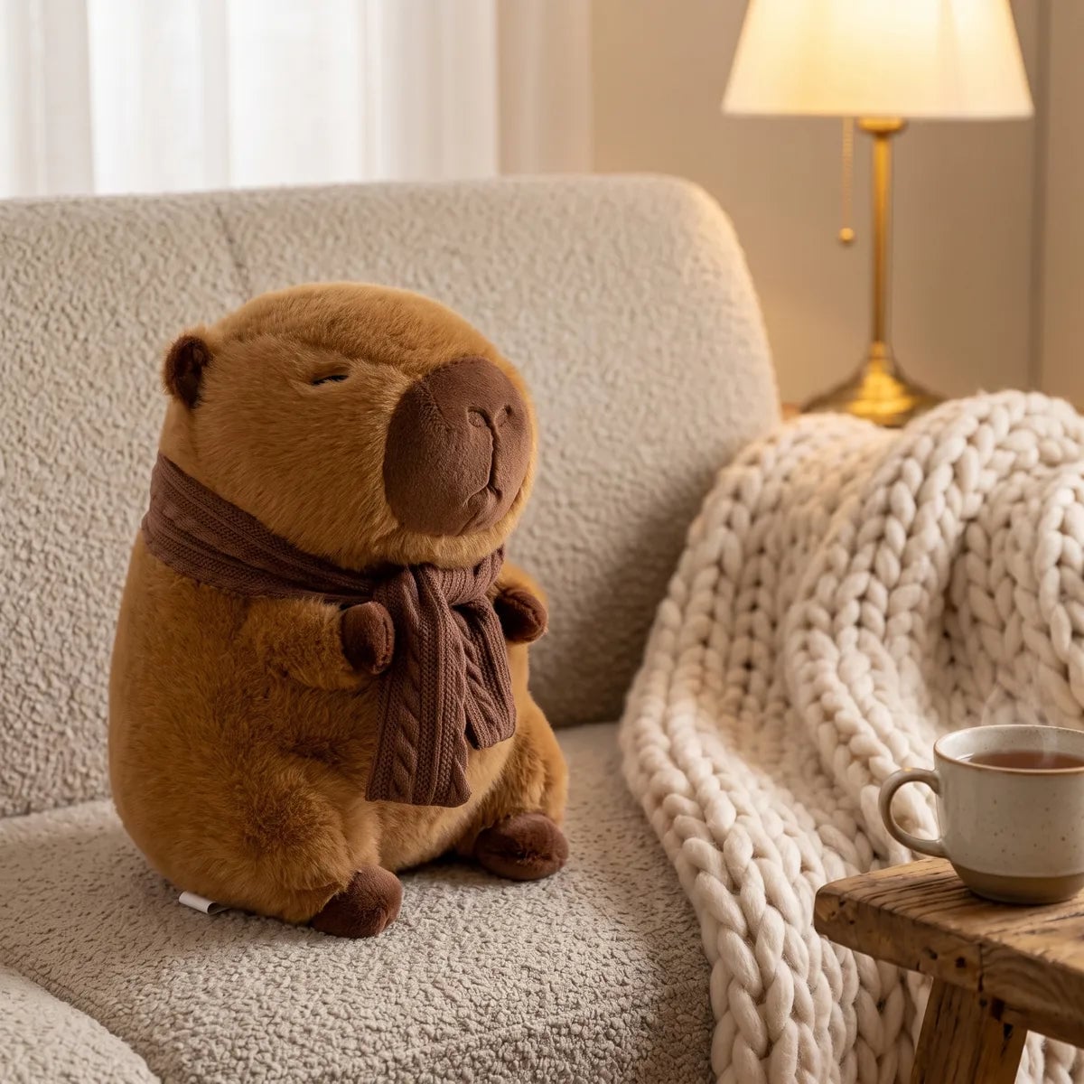 Scarf capybara plush on a boucle sofa beside a chunky knit blanket and a cup of tea