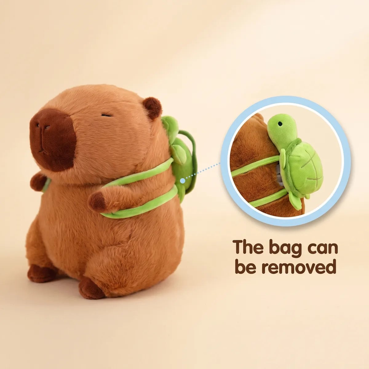 Turtle backpack capybara plush shown with the green turtle backpack detached in close up