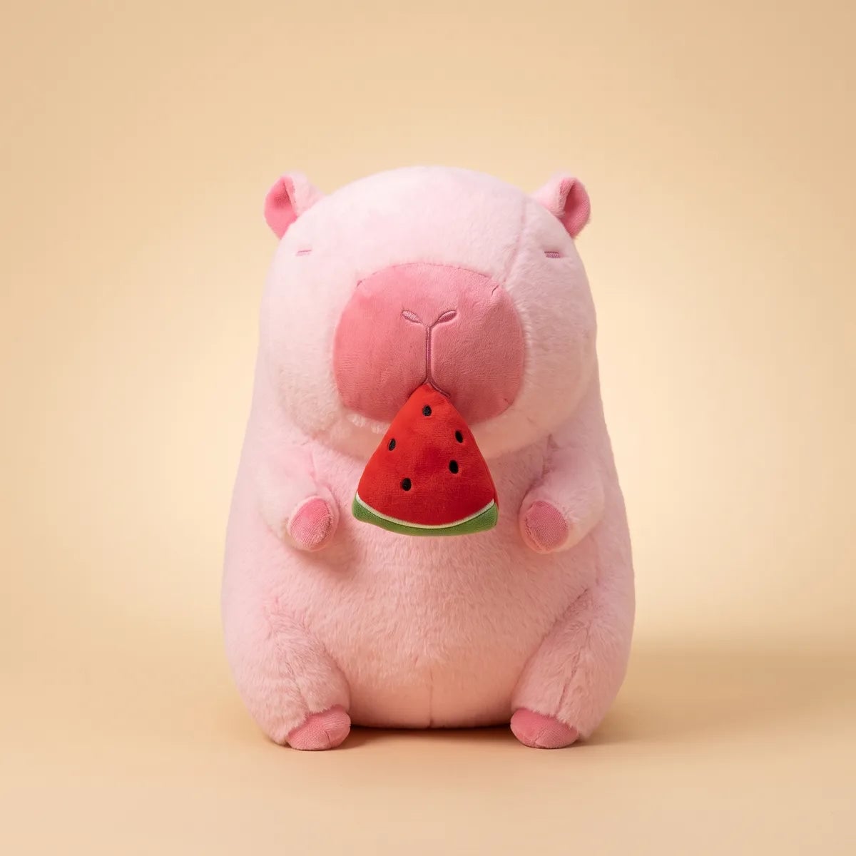 Front view of the 12 in pink watermelon capybara plush with its watermelon wedge