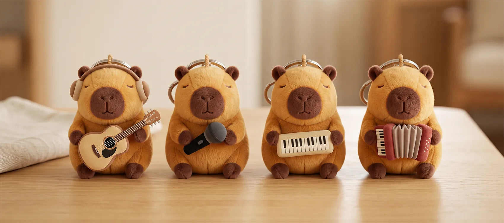 Four capybara musician keychains: guitar with headphones, microphone, keyboard and accordion