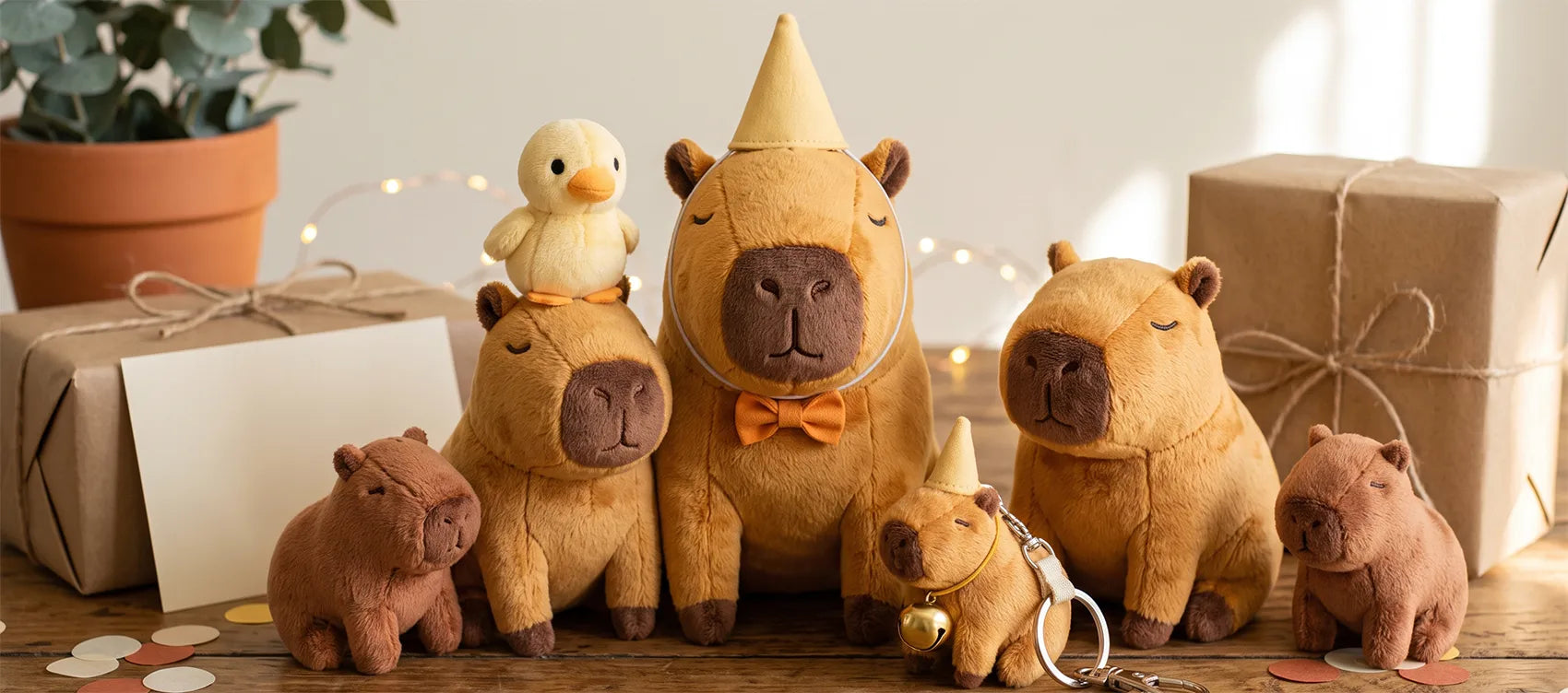 Birthday capybara plush in a party hat with a duck-on-head capybara, a party hat keychain and wrapped gifts