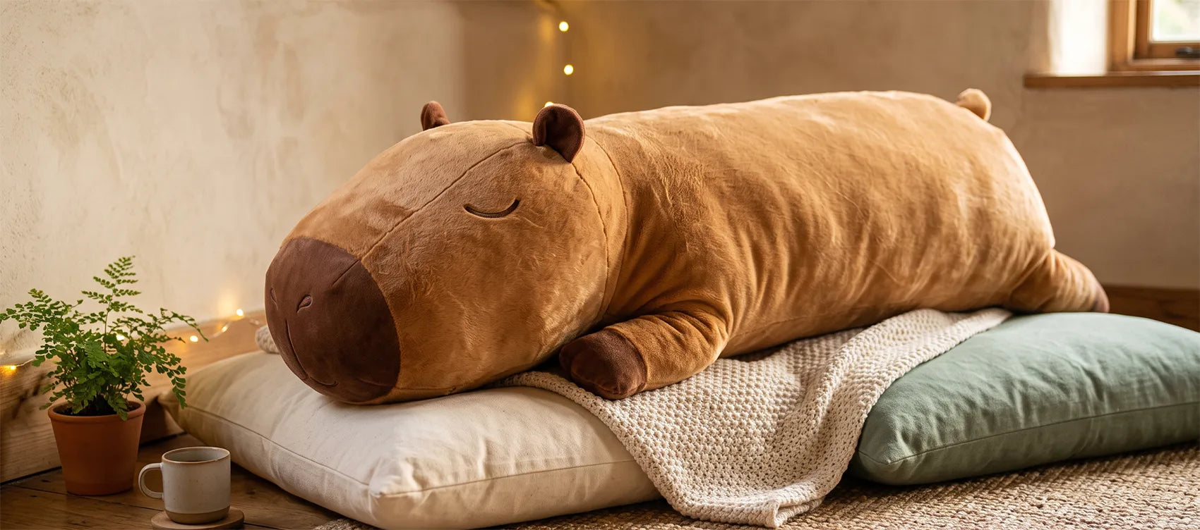 Long capybara body pillow plush lying on floor cushions with fairy lights, a big birthday gift