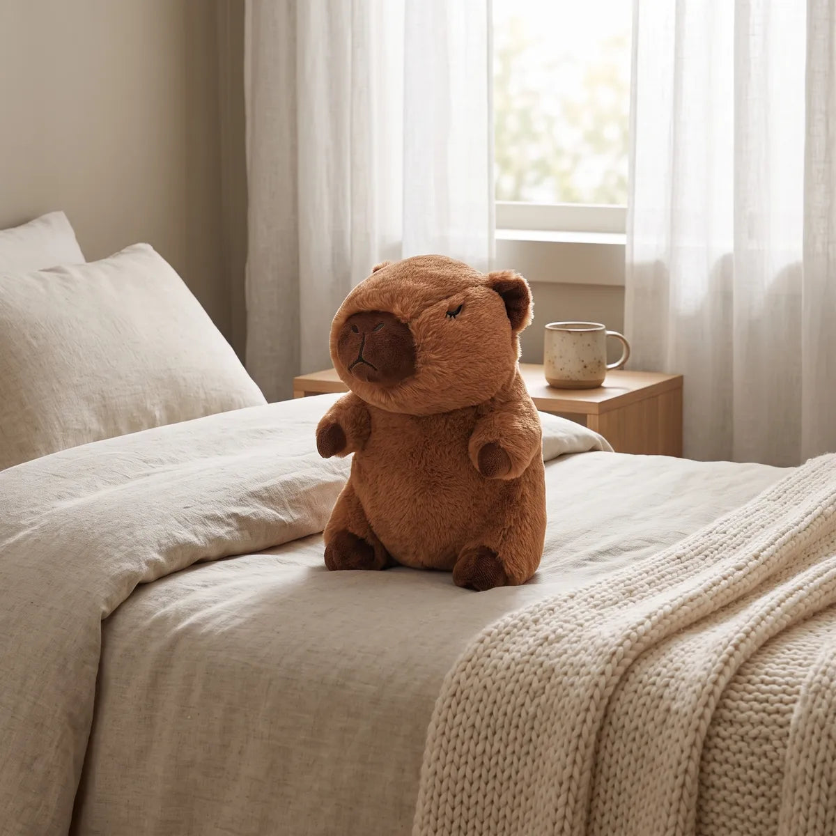 Capybara breathing plush seated in window light, a calm desk gift for adults