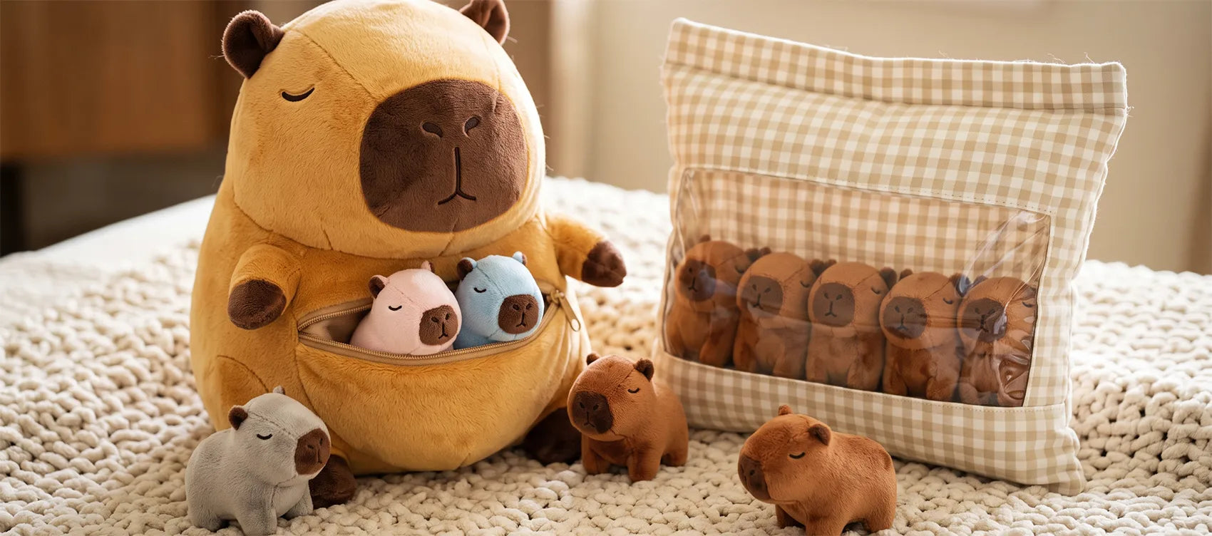Mother capybara plush with babies in her zip pouch, small capybaras and a gingham bag of six mini capybaras