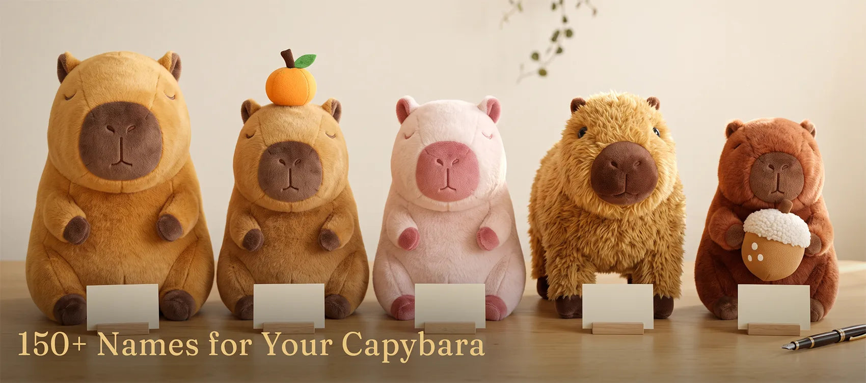 Five capybara plush lined up on a desk, each with a blank name card in front of it