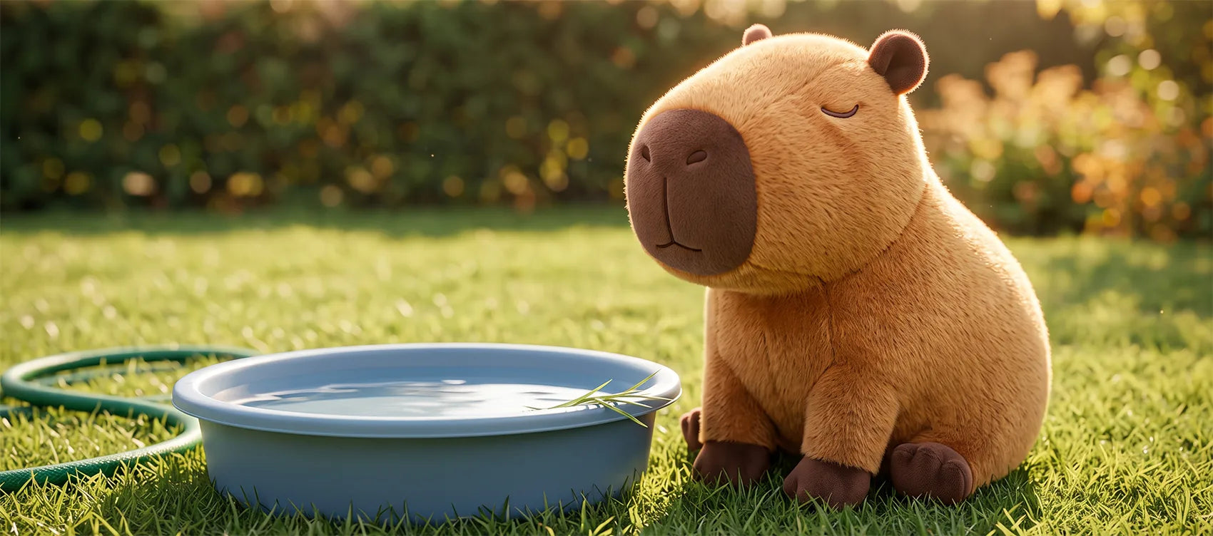 Capybara plush sitting on a lawn next to a shallow paddling pool and a garden hose
