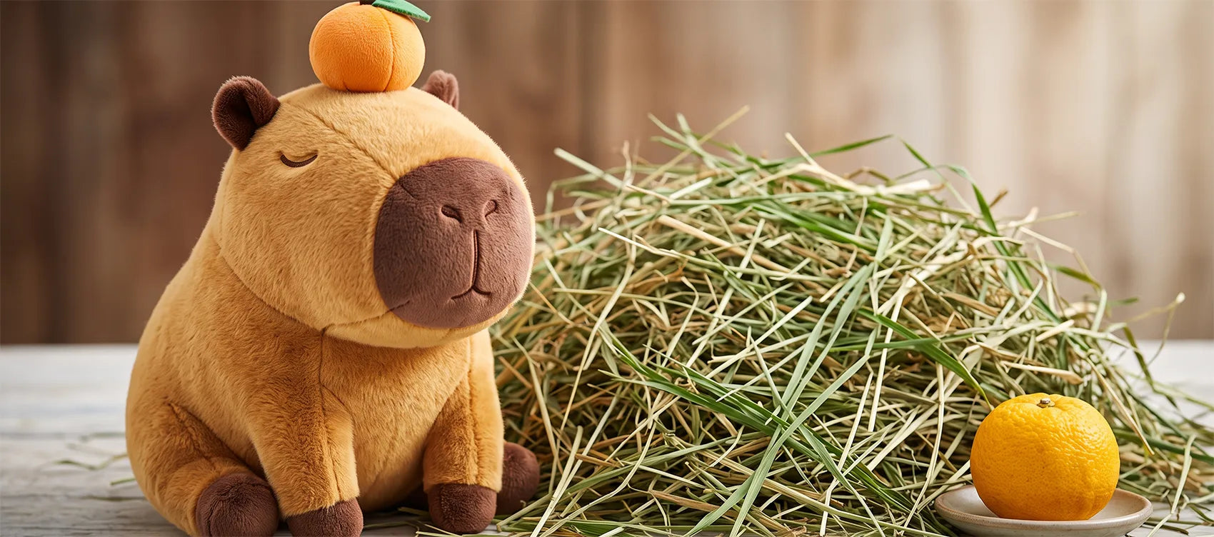 Capybara plush with an orange on its head next to a pile of hay and a yuzu on a plate