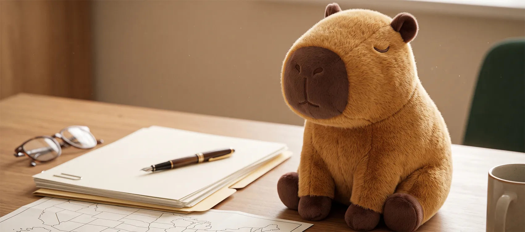 Capybara plush on a desk beside blank permit paperwork, a fountain pen, glasses and a map of the United States