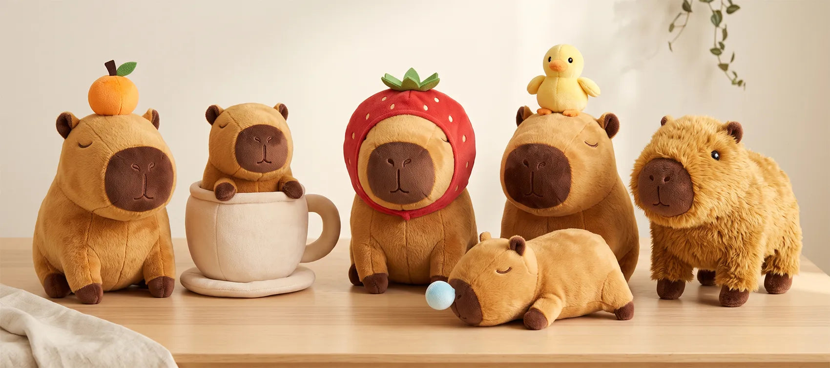 Six capybara plush characters in a row: orange on head, coffee cup, strawberry hood, duck on head, sleeping and realistic
