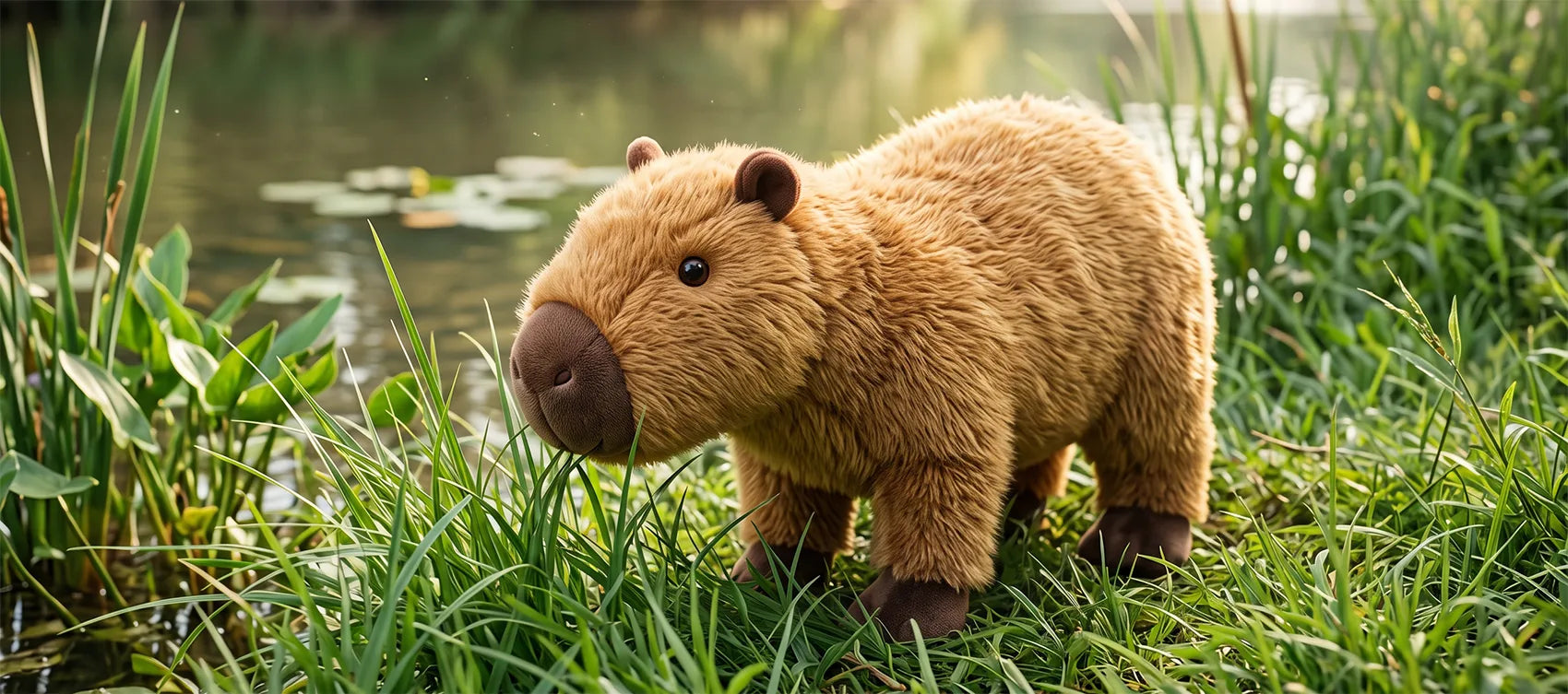 Realistic capybara plush grazing in tall grass at the edge of a pond with lily pads