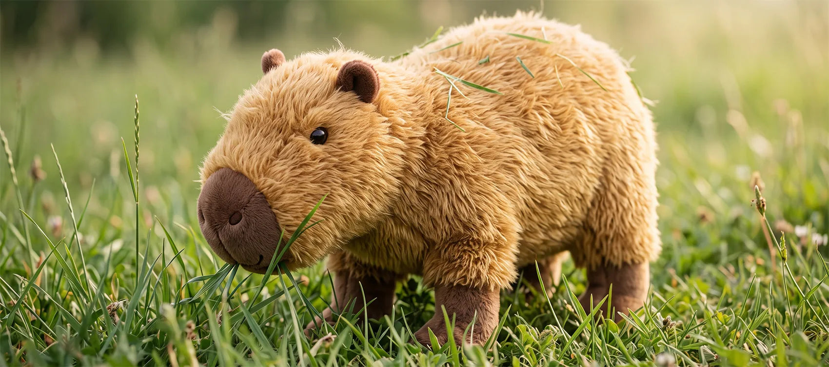 Realistic capybara plush grazing in a meadow with blades of grass on its back