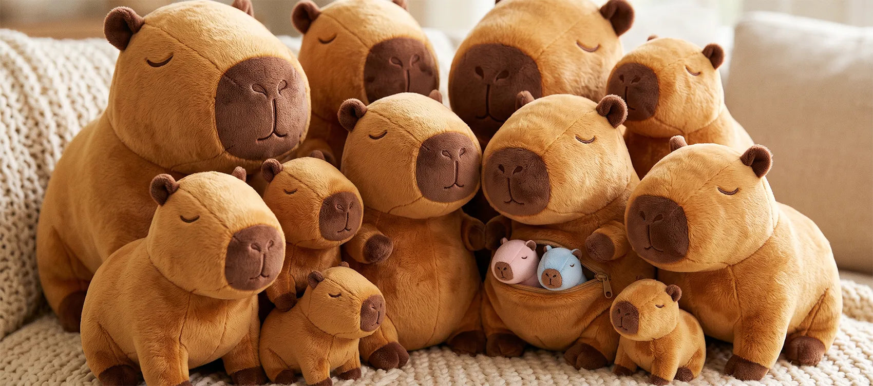 Herd of capybara plush in several sizes piled on a sofa, with a mother capybara carrying two babies in a zip pouch