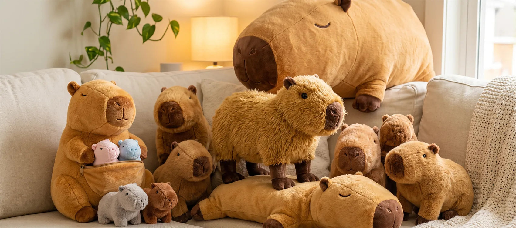 Herd of capybara plush of every size gathered on a cream sofa, the pet you can actually keep