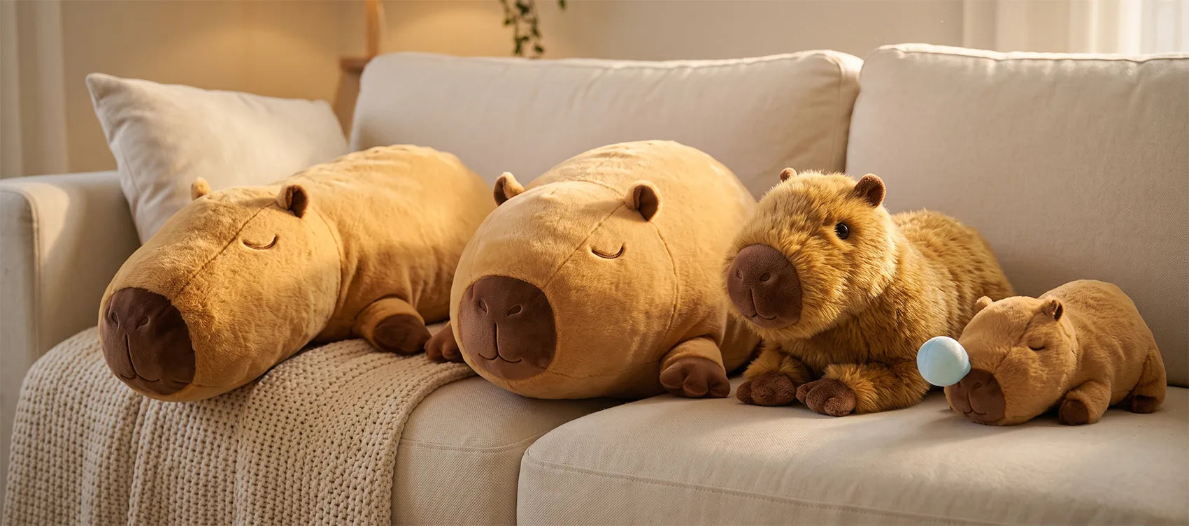 Two giant capybara plush, a realistic capybara and a sleeping capybara with a snot bubble lined up on a sofa
