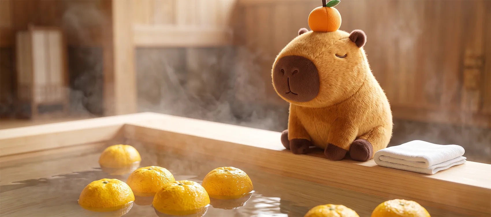 Capybara with orange on head plush sitting on the edge of a wooden onsen tub with yuzu floating in the water