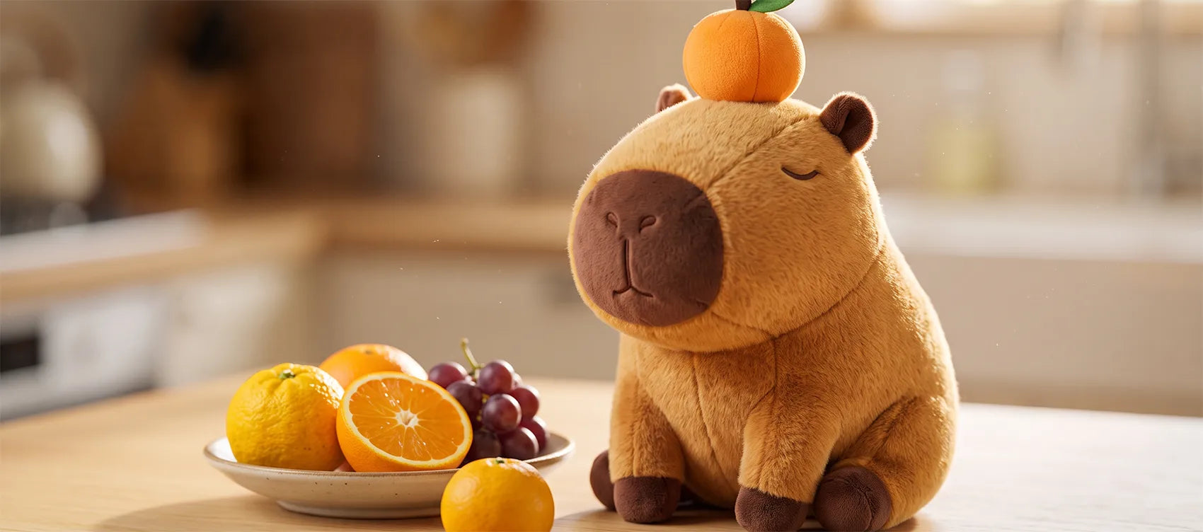 Capybara plush with an orange on its head next to a plate of oranges and grapes in a kitchen