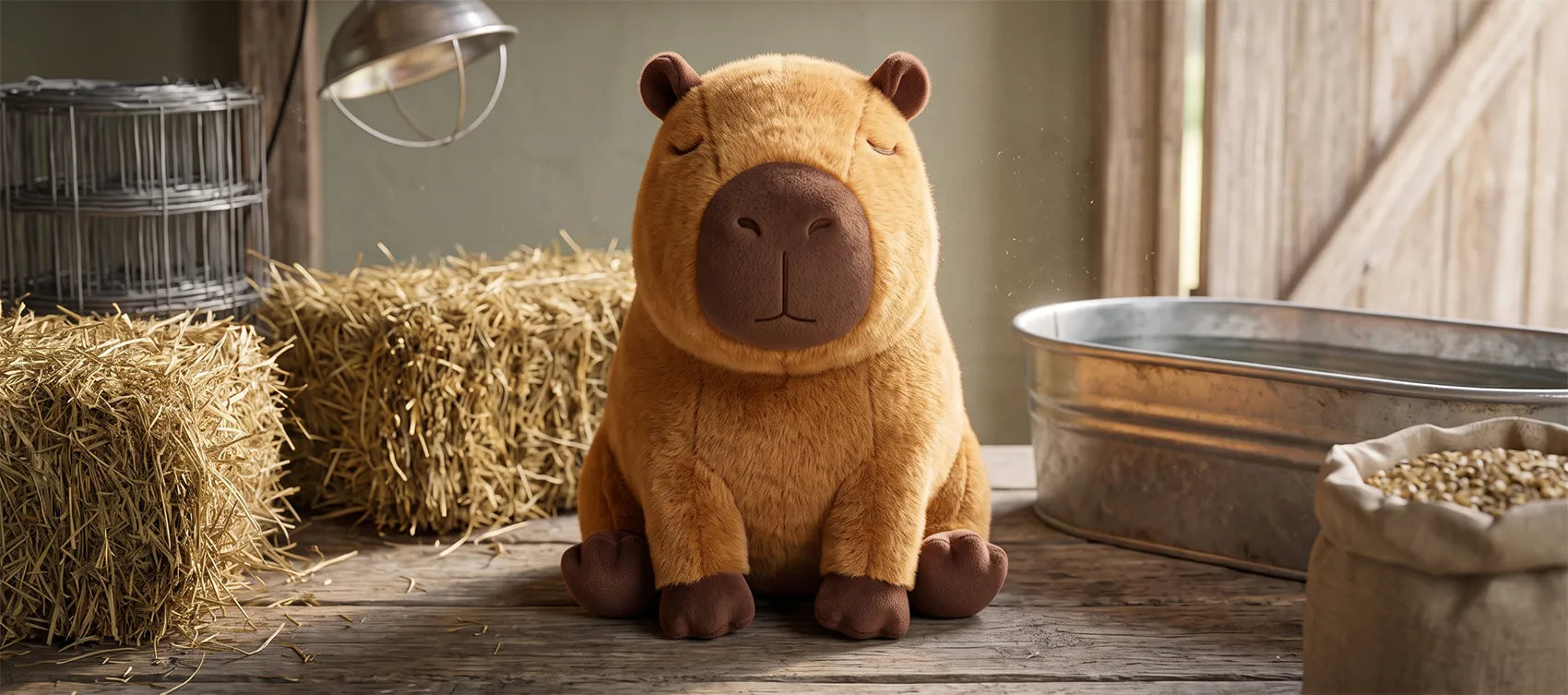 Capybara plush in a barn beside hay bales, a metal water trough, wire fencing and a sack of feed
