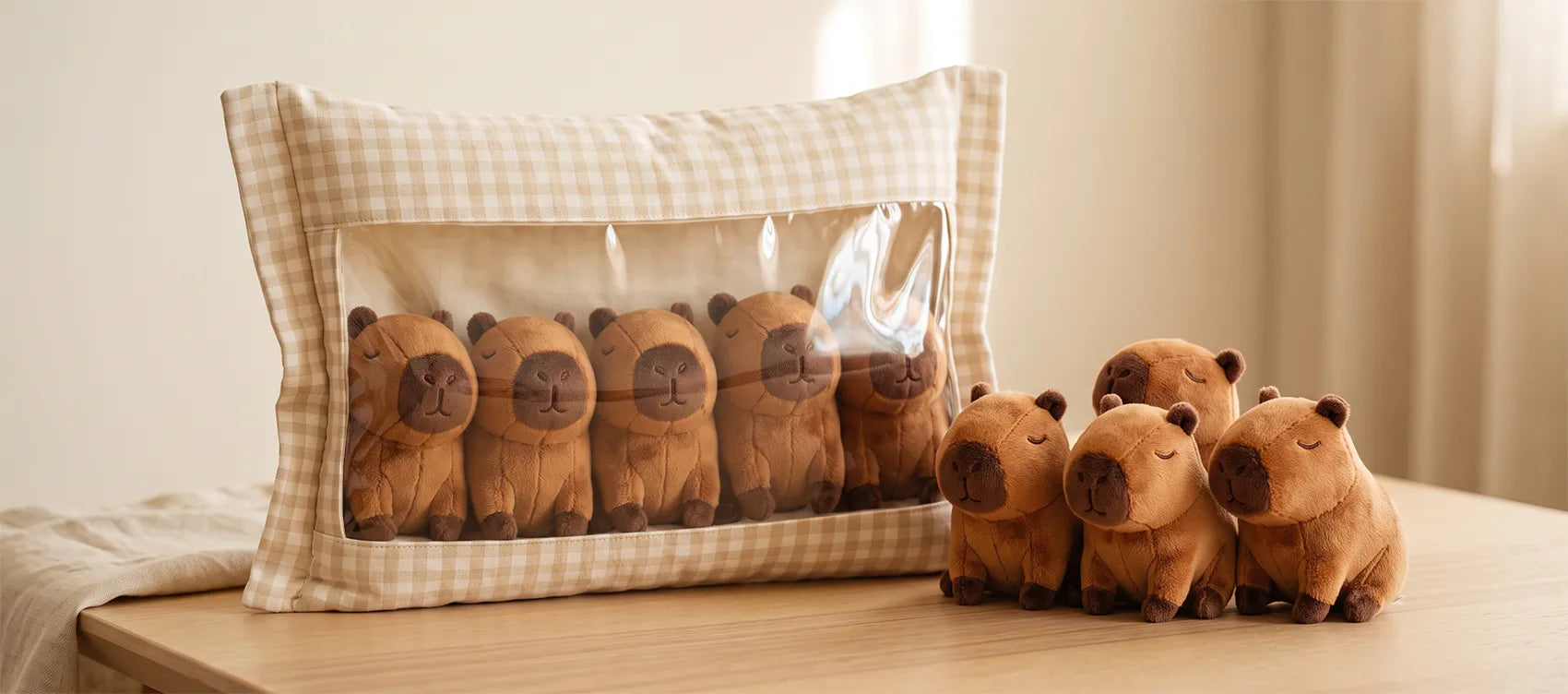 Gingham bag of five mini capybara plush next to three mini capybaras on a table