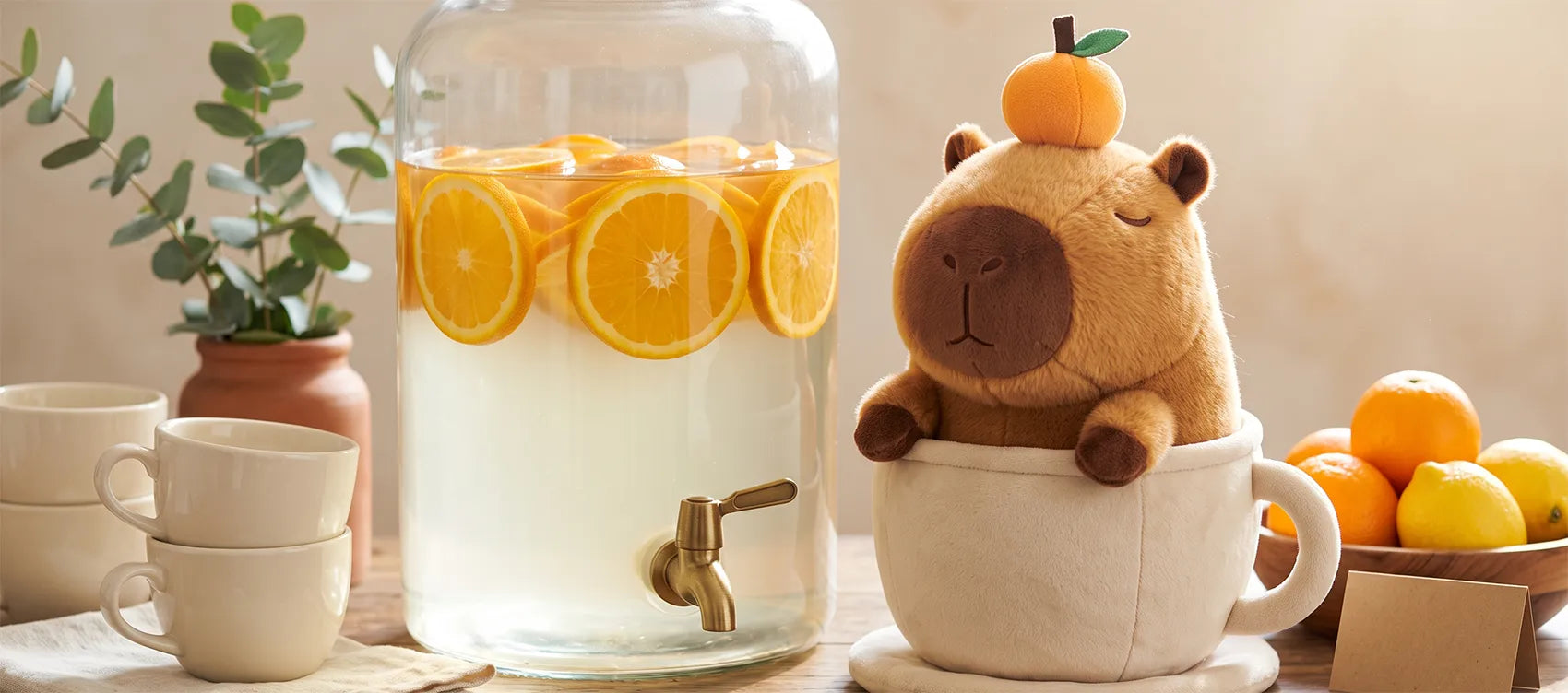Coffee cup capybara plush with an orange on its head next to a drink dispenser filled with orange slices