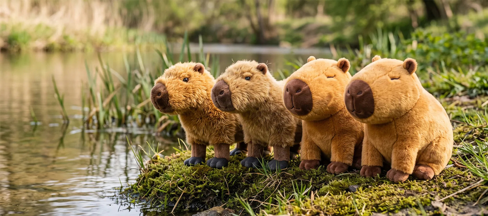 Four capybara plush sitting in a row on a mossy riverbank looking across the water
