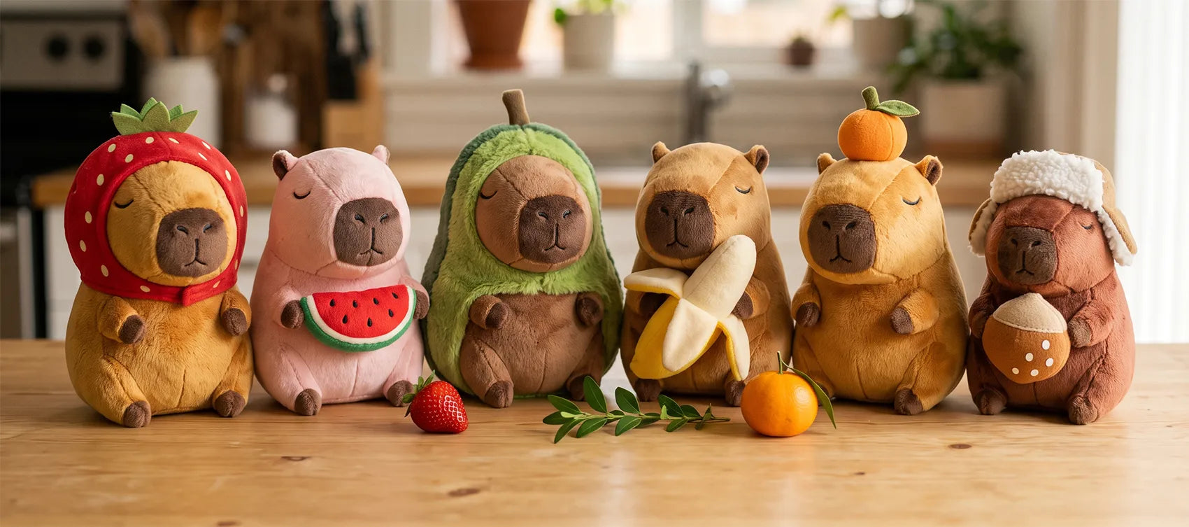 Six food-themed capybara plush in a kitchen: strawberry hood, watermelon, avocado, banana, orange on head and hazelnut