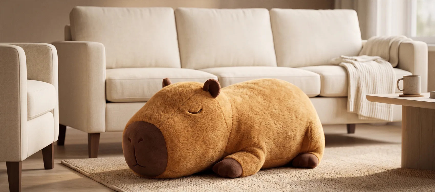 Giant capybara plush lying flat on a rug in front of a sofa, close to life size