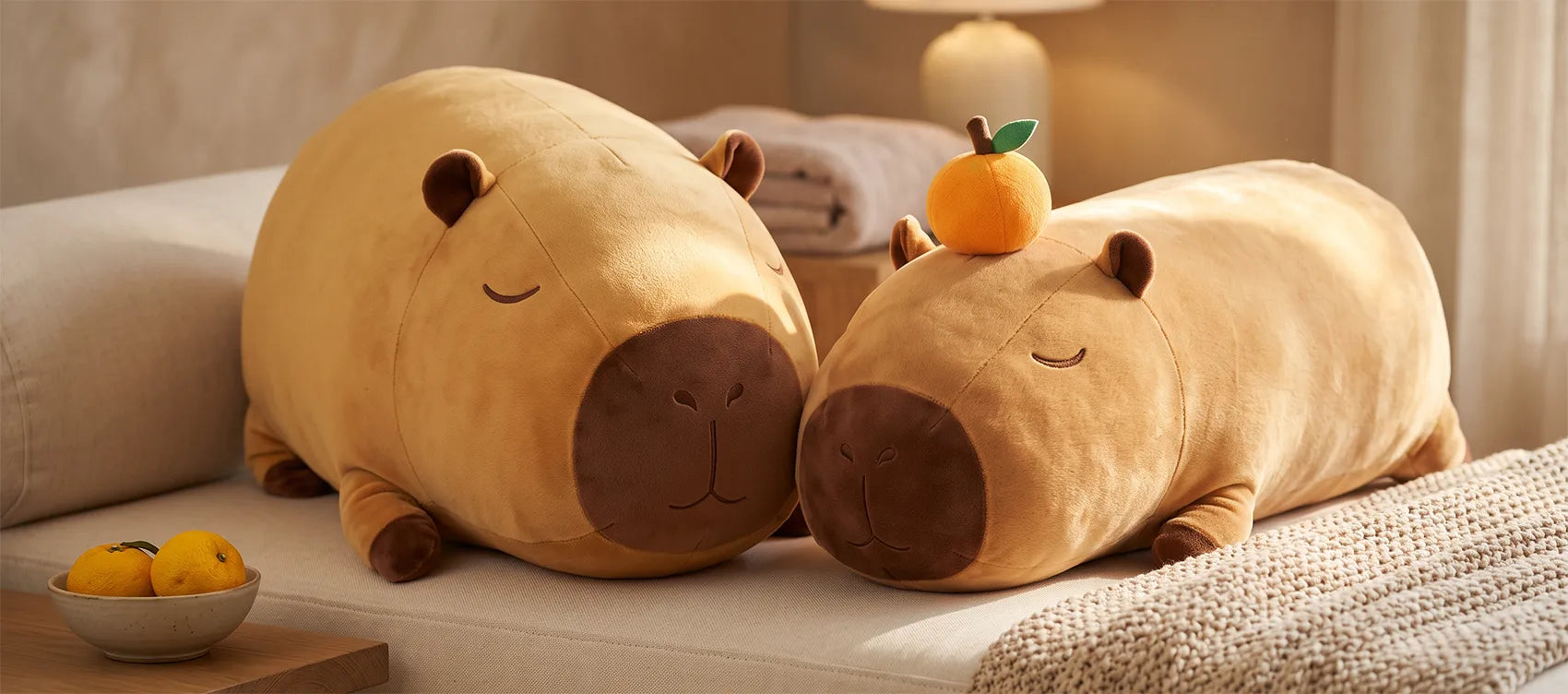 Two giant capybara plush lying flat on a sofa, one with an orange on its head, next to a bowl of yuzu