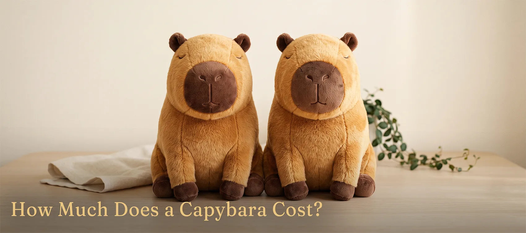 Two matching capybara plush sitting side by side on a table, the pair every capybara needs