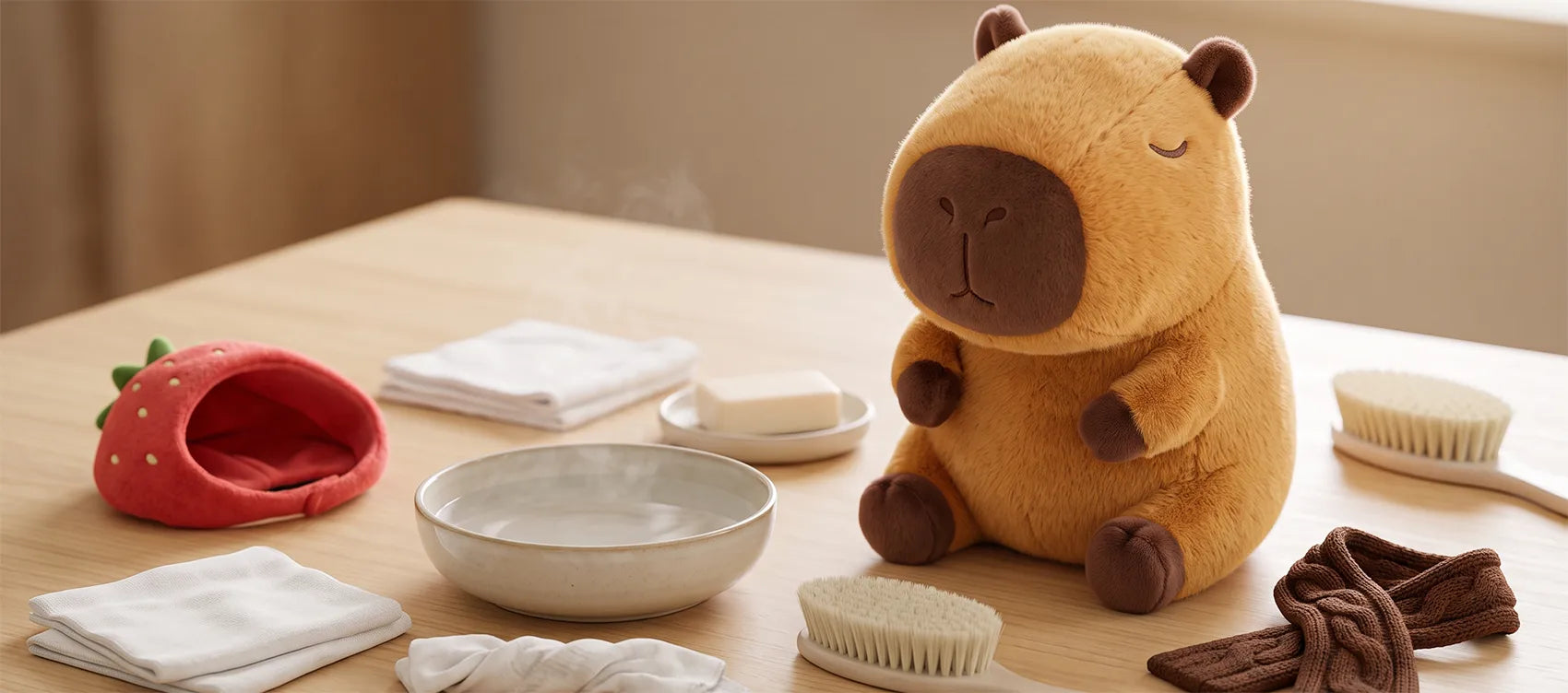 Capybara plush on a table with a bowl of water, mild soap, a soft brush, cloths and a removed strawberry hood and scarf