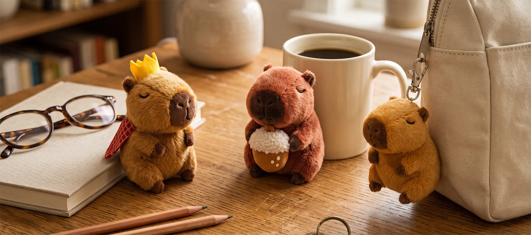 Three mini capybara plush on a desk beside a coffee mug: a king with a crown, a hazelnut capybara and a keychain clipped to a bag