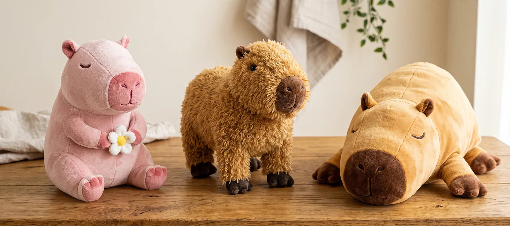 Pink capybara plush holding a daisy, a realistic fluffy capybara and a flat giant capybara on a wooden table
