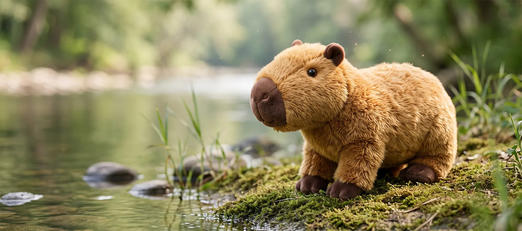 Realistic capybara plush standing on a mossy riverbank beside a calm stream