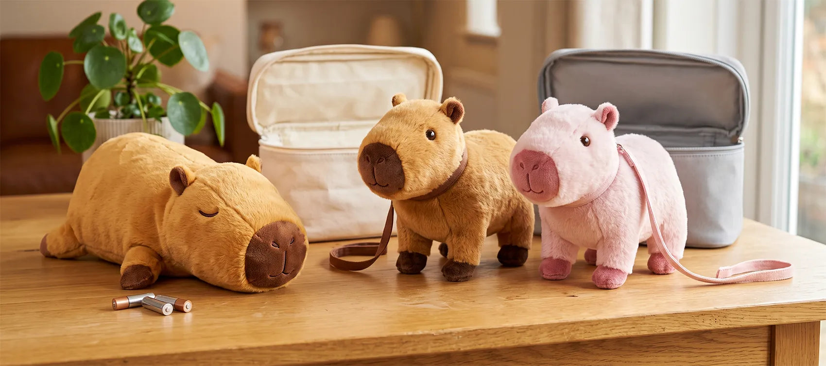 Brown and pink walking capybara plush toys with leads and carry cases next to a sleeping capybara and batteries